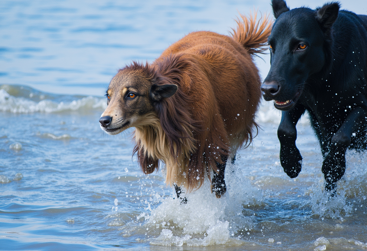 Photo of two running dogs, lossily compressed using the DiffC algorithm